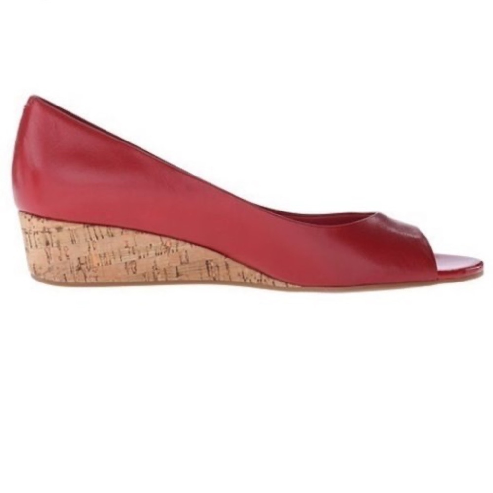 Cole Haan Elsie Leather Open Toe Cork Wedge Heel Tango Red 7.5